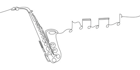 One line drawing of trumpet with music notes tone design. Classical jazz music instrument. Vector illustration simple continuous outline style. © berkahlineart