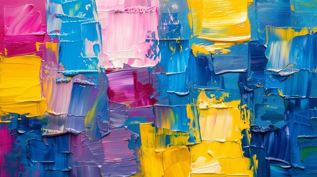 Abstract colorful oil painting in blue, yellow, purple, pink and marroon colors on canvas. Oil paint texture with brush and palette knife strokes. Modern art, cover design concept