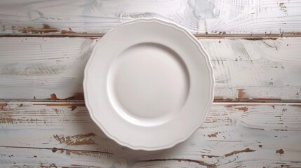White plate on white wooden table, top view, flat lay, mock-up. copy space