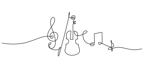 One line drawing of violin with music notes tone design. Classical jazz music instrument. Vector illustration simple continuous outline style. © berkahlineart