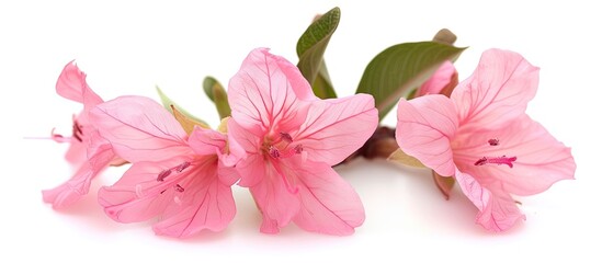 Several pink flowers are arranged neatly on a white surface, creating a simple yet elegant composition.
