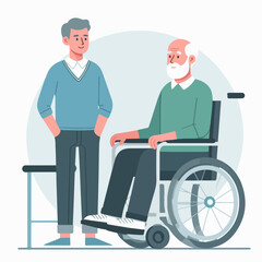 flat design illustration of a man helping an elderly person sit in a wheelchair