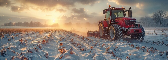 Winter crop-sowing in agricultural fields is done by a farmer using a tractor. - obrazy, fototapety, plakaty