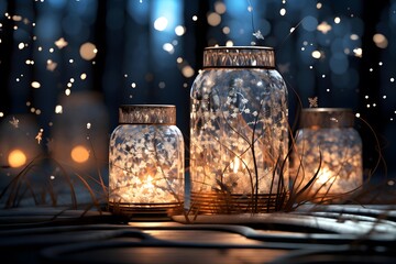 Mason jars on wooden table in night forest. 3D rendering - obrazy, fototapety, plakaty