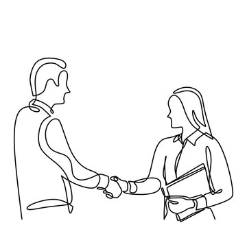 recommend clip art: Man and woman handshaking in continuous one line art drawing. Business job career vector illustration editable stroke.