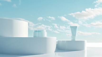 Cream cosmetics and blank white skincare tube in front of sky-blue background, minimalist purity, white and gray for advertising.	