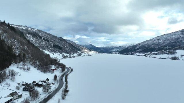 Oppheimsvatnet lake Voss Norway, rising Winter aerial