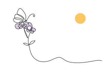 Butterfly on flower under the sun in continuous one line art drawing. Floral and fauna vector illustration editable stroke.