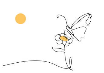 Butterfly on flower under the sun in continuous one line art drawing. Floral and fauna vector illustration editable stroke.