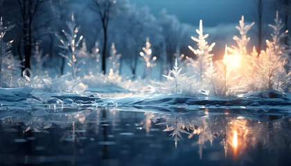 Poster Winter landscape with frozen lake and snowflakes. Christmas background. © Iman