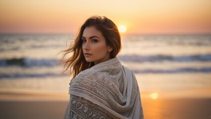 Young beautiful woman at sunset beach with a shawl
