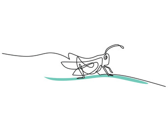 Grasshopper on leaf in continuous one line art drawing. Floral and fauna vector illustration editable stroke.