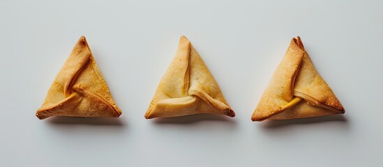 Three pieces of Hamantashen, traditional Jewish pastries for Purim, are creatively shaped like triangles and displayed on a blank backdrop.