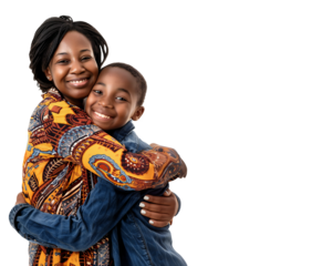 black mother and son hugging, casual clothes, mother's day concept