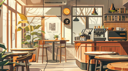A charming retroinspired coffee shop filled with the aroma of freshly brewed coffee and the faint sound of vinyl records playing in the background. The vintage record player - obrazy, fototapety, plakaty