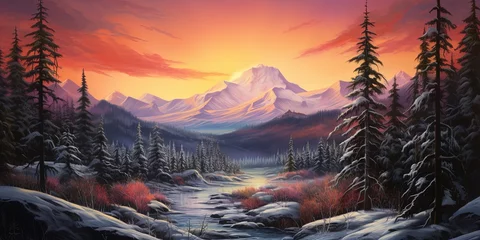 Foto op Canvas Radiant sunrise casting warm colors over a snowy forest with distant mountain range © Coosh448