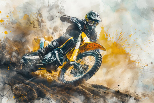 A motocross athlete in action, yellow splash watercolor