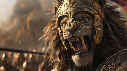 The charioteers helmet features a fierce lions head representing courage and strength in battle.