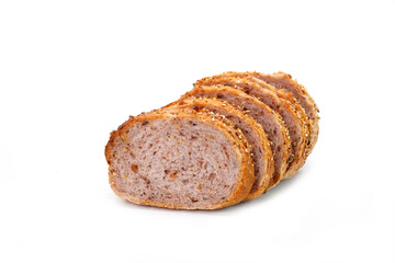 Gluten free bread isolated on white background. Sliced gluten free bun