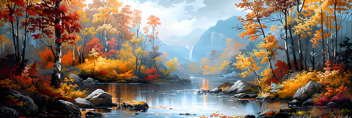 Autumn in the mountains color illustration,
Beautiful Nature Landscape Drawing Scenery
