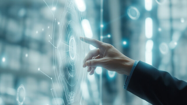 A businessman touches a holographic display, a futuristic office environment