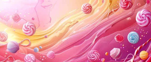 Gordijnen Whimsical swirls of pink and yellow candy melt into an abstract, sugary landscape adorned with lollipops and gumdrops. © BackgroundWorld