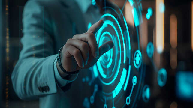 Modern user interface, touch screen interaction, luminous numeric buttons, technological concept