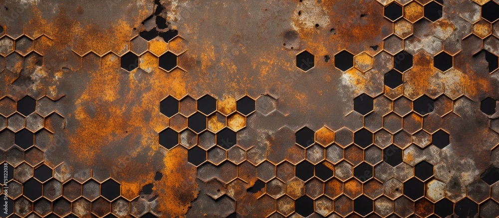 Poster a close-up view of a weathered metal surface featuring intricate hexagonal shapes and textures. the 