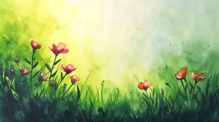 Fotobehang abstract background, Bright painting of flowers growing in green grassy field created with aquarelle paints © sundas