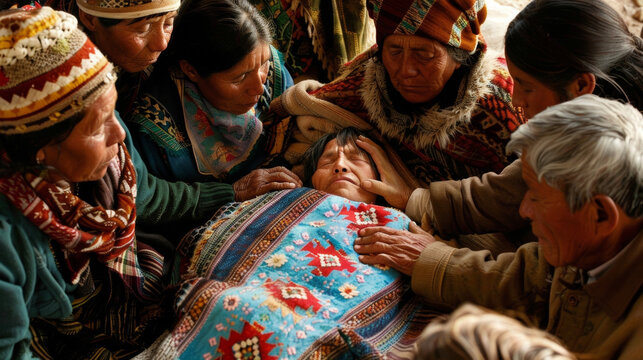 A Group Of Women Gather Around A Healer Their Hands P Gently On The Shoulders Of A Young Child Who Is Lying On A Blanket. The Healer Moves His Hands Over The Childs Body Invoking