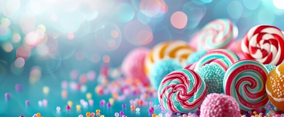 Fototapeta na wymiar An array of swirled lollipops and candy drops cascade across a cool-toned, bokeh-lit turquoise backdrop.