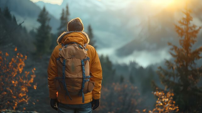 a male mountain hiker on a mountain trail. trail is surrounded by trees and bushes and very enlcosed. mountains and valley can be seen in the distance. generative AI