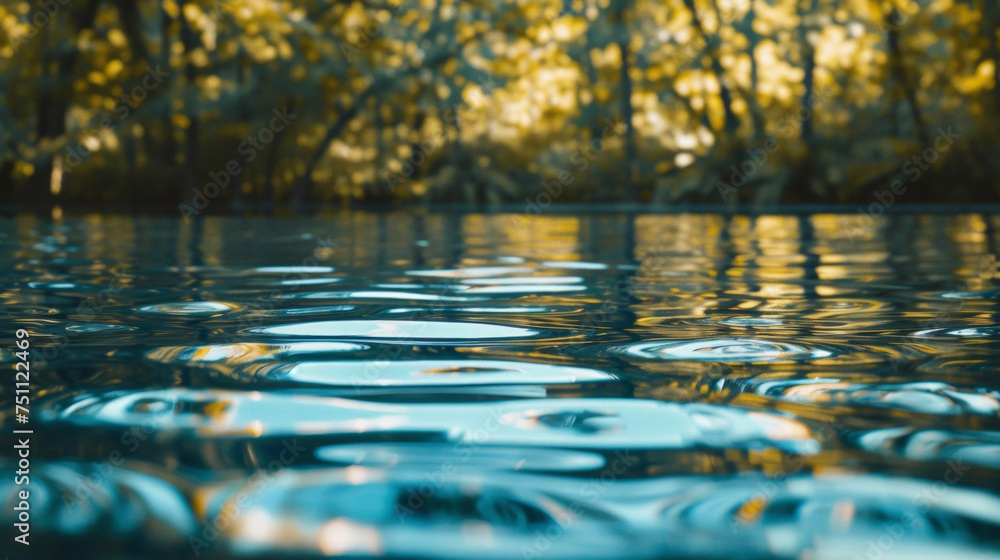 Poster the play of light and shadows on the waters surface created by the surrounding trees and natural lig