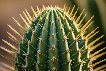 Close up of a green cactus in a botanical garden.