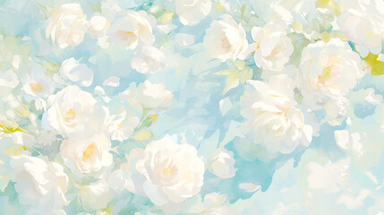 明るい水色の背景に美しく咲く白い花の水彩イラスト