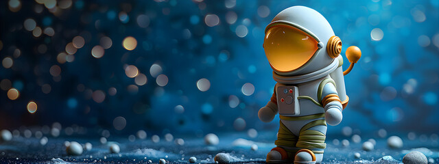 Astronaut wearing a spacesuit walks on another planet. Banner for World's Space party,  cosmonautics day, kid's art concept. Children creativity banner. - obrazy, fototapety, plakaty