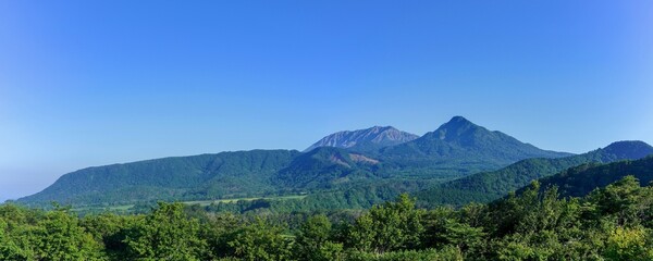 青空バックに見る新緑に囲まれた大山南壁のパノラマ情景