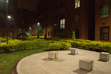 Night landscape, night garden, building, residential complex, interior garden, landscape.