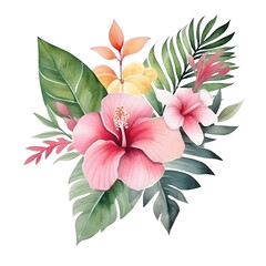 Lush Tropical Leaves and Flower Arrangement in Watercolor