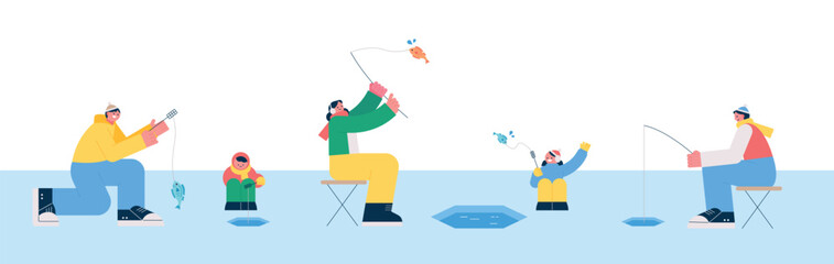 People who enjoy the leisure hobby of fishing. Smelt fishing on the ice in the cold winter. 