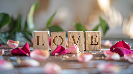 Love message written in wooden blocks with the text LOVE professional photography