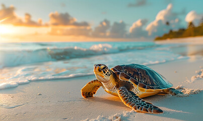Big sea turtle on the Caribbean beach. World Turtle Day and save the turtles concept.