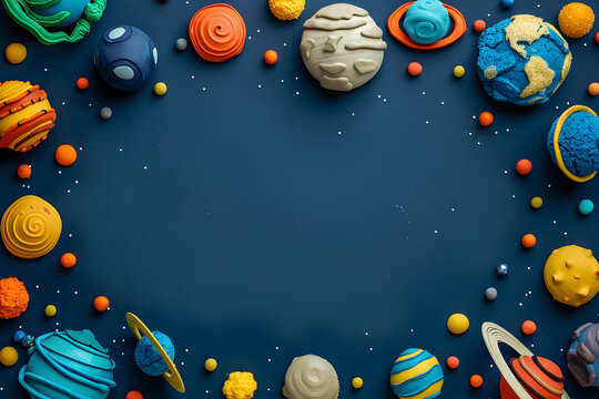 Horizontal frame made of different plasticine planets on a dark blue background. Space for text at centre. World's Space party,  cosmonautics day, kid's art concept. with copy space.