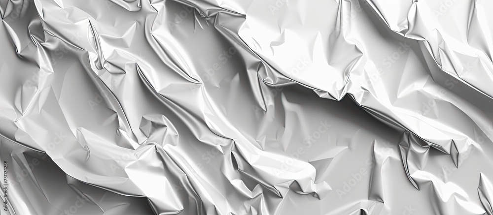 Poster a black and white photograph showcasing a crumpled metallic surface, creating a unique abstract text