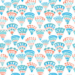 Coastal geo vector repeat pattern with teal and coral hand drawn scallops on white. Sophisticated abstract coastal, summer swim background