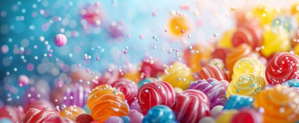 Fototapeta na wymiar Whimsical sea of candy swirls and sugar beads floating in a dreamlike bokeh bubble atmosphere in vibrant hues.