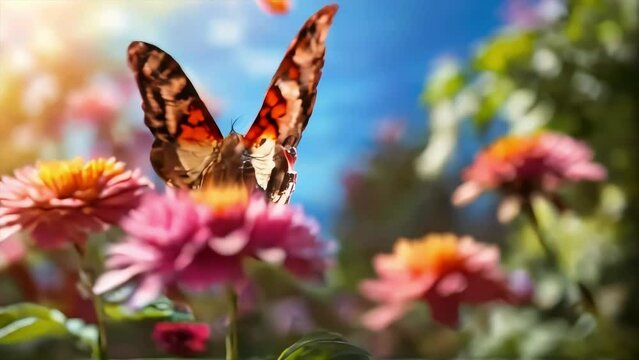 Butterflies landing on beautiful flowers in spring season with copy space area. Suitable for Spring 2024 videos etc.