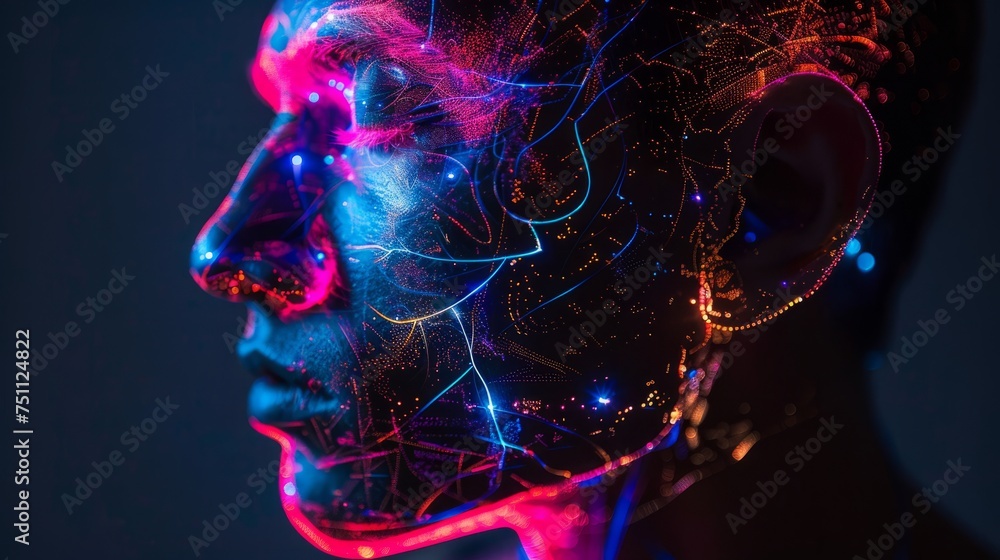 Poster brain and thinking in a human head. brain nervous system concept. deep learning, artificial intellig
