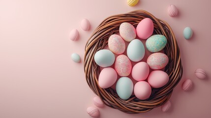 Fototapeta na wymiar Pastel-colored Easter eggs laying on a wicker wreath on a light pastel background. Festive greeting card, traditional spring flowers. Flat lay, mockup, template, top view