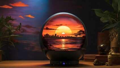 "Indulge in the magic of a picturesque sunset with a unique projector lamp casting a warm glow onto a visually diverse and creative aesthetic background."